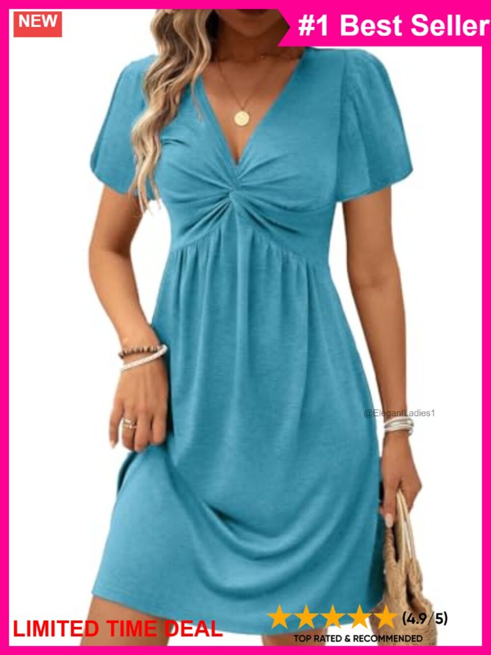 Twist Front V-Neck Mini Dress Short Sleeve A-Line Summer Casual
